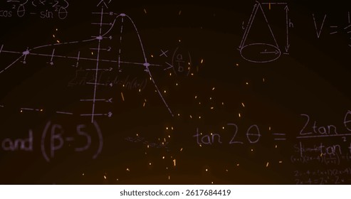 Image of math graps and data over black background. education, learning and science concept digitally generated image.