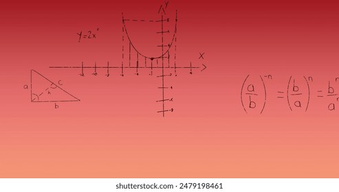 Image of mathematical data processing on red background. Science and learning concept digitally generated image.