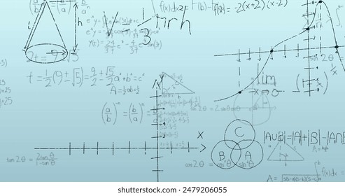 Image of mathematical data processing on blue background. Science and learning concept digitally generated image.