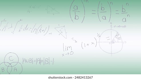 Image of mathematical data processing on green background. Science and learning concept digitally generated image.