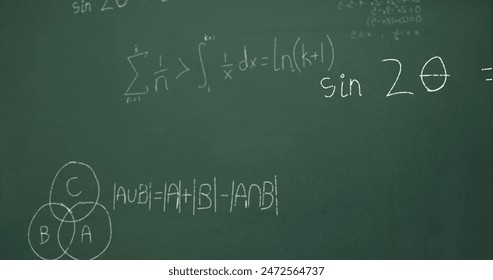 Image of mathematical data processing over green chalkboard. Global science, computing and data processing concept digitally generated image.