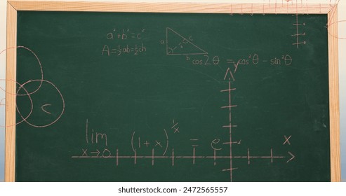 Image of mathematical data processing over green chalkboard. Global science, computing and data processing concept digitally generated image.