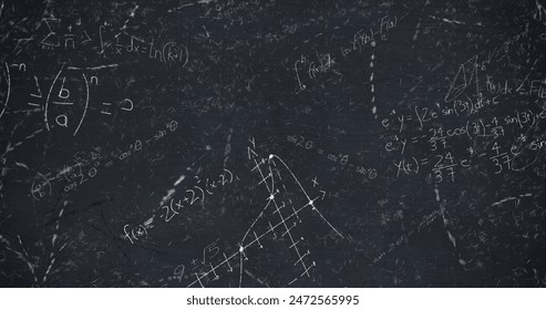 Image of mathematical data processing over black chalkboard. Global science, computing and data processing concept digitally generated image.