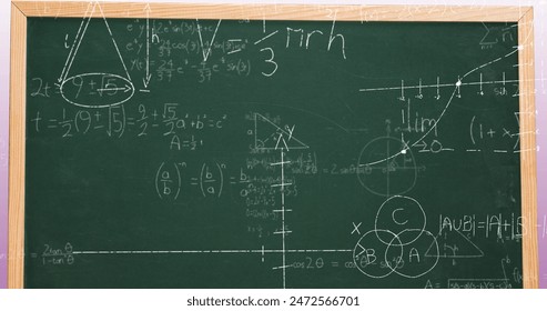 Image of mathematical data processing over green chalkboard. Global science, computing and data processing concept digitally generated image.