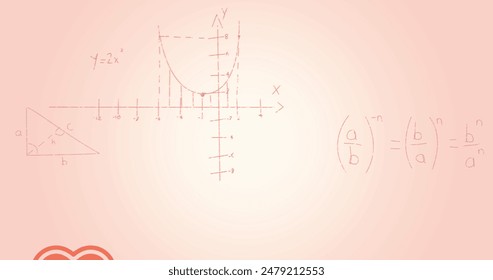 Image of mathematical data processing over pink background. Global science, computing and data processing concept digitally generated image.