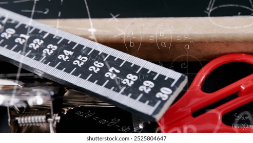 Image of mathematical data processing over school items. Education, learning and school concept digitally generated image.