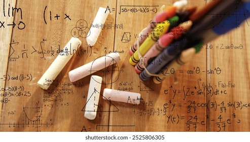 Image of mathematical data processing over school items. Education, learning and school concept digitally generated image.