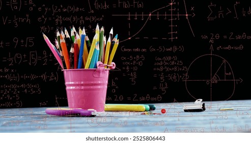 Image of mathematical data processing over school items. Education, learning and school concept digitally generated image. - Powered by Shutterstock - Get 15% off with code: PIKWIZARD15