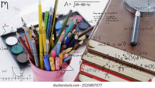 Image of mathematical data processing over school items. Education, learning and school concept digitally generated image. - Powered by Shutterstock - Get 15% off with code: PIKWIZARD15