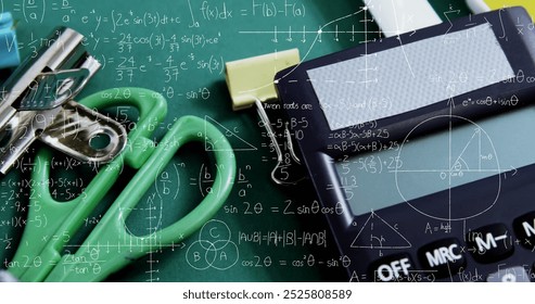 Image of mathematical data processing over school items. Education, learning and school concept digitally generated image.