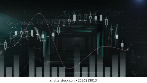 Image of mathematical equations and bar graphs against screens with data processing. Business data and research science technology concept