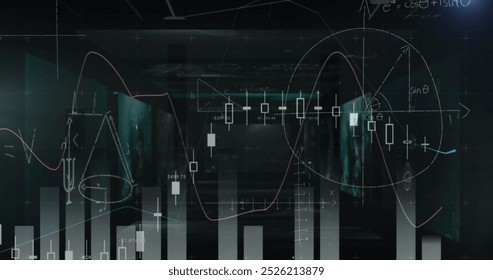 Image of mathematical equations and bar graphs against screens with data processing. Business data and research science technology concept
