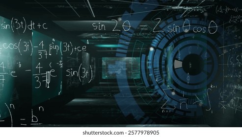 Image of mathematical equations and circular scanner over interface screens on dark background. Research, data, processing, digital interface and communication, digitally generated image.