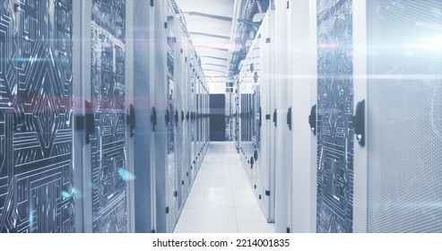 Image of mathematical equations and data processing against computer server room. Computer interface and business data storage technology concept