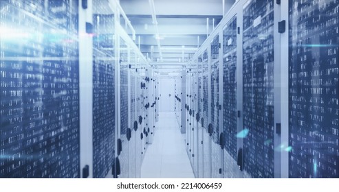 Image of mathematical equations and data processing against computer server room. Computer interface and business data storage technology concept