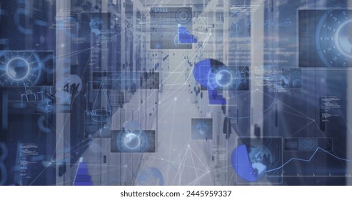 Image of mathematical equations and data processing over server room. Global technology, computing and digital interface concept digitally generated image.