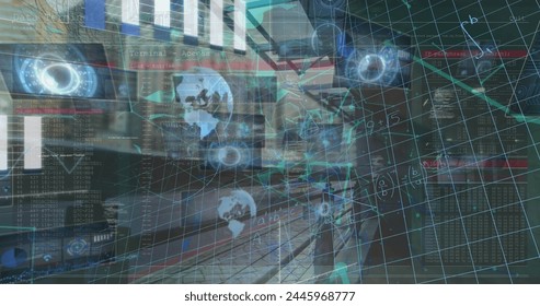Image of mathematical equations and data processing over server room. Global technology, computing and digital interface concept digitally generated image.
