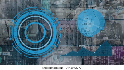 Image of mathematical equations and data processing over server room. Global technology, computing and digital interface concept digitally generated image.