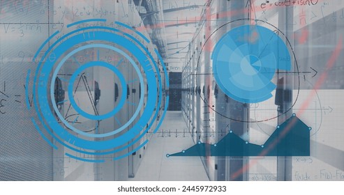 Image of mathematical equations and data processing over server room. Global technology, computing and digital interface concept digitally generated image.