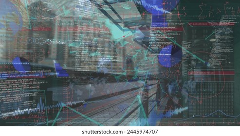 Image of mathematical equations and data processing over cityscape. Global technology, computing and digital interface concept digitally generated image.
