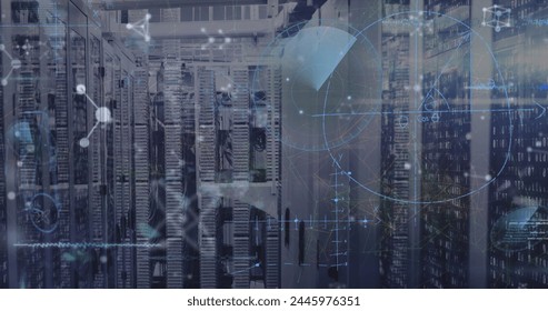 Image of mathematical equations and data processing with molecules over server room. Global technology, computing and digital interface concept digitally generated image.