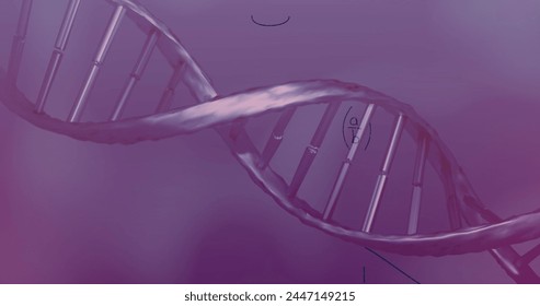 Image of mathematical equations, data processing over dna strand spinning. Global science, data processing, connections and cloud computing concept digitally generated image.