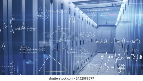 Image of mathematical equations and data processing over server room. Global technology, computing and digital interface concept digitally generated image. - Powered by Shutterstock