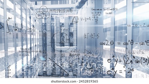 Image of mathematical equations, data processing and light trails over computer server room. Business data storage technology concept - Powered by Shutterstock