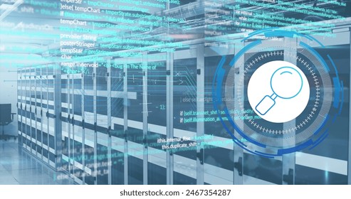 Image of mathematical equations and data processing against computer server room. Computer interface and business data storage technology concept