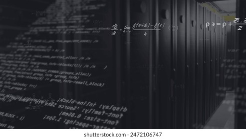 Image of mathematical equations and data processing against computer server room. Computer interface and business data storage technology concept - Powered by Shutterstock