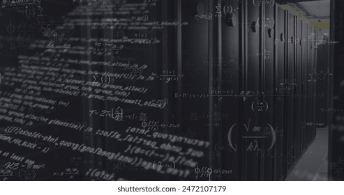 Image of mathematical equations and data processing against computer server room. Computer interface and business data storage technology concept