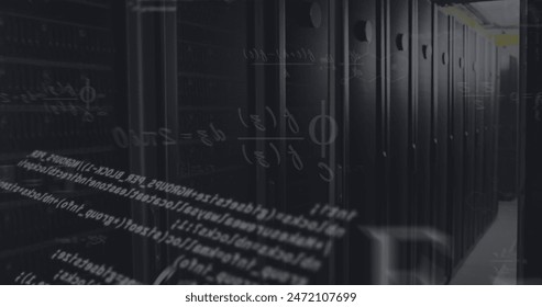 Image of mathematical equations and data processing against computer server room. Computer interface and business data storage technology concept