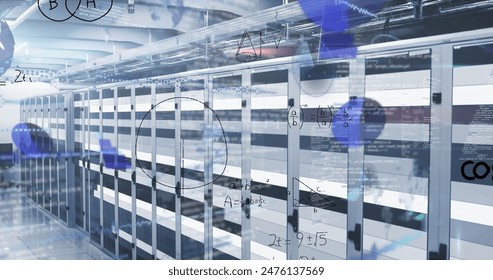 Image of mathematical equations and data processing against light trail over server room. Computer interface and business data storage technology concept