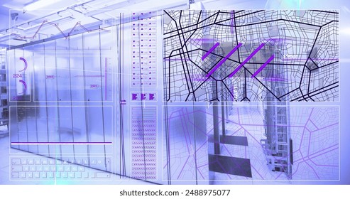 Image of mathematical equations and data processing over computer servers. Global computing and data processing concept digitally generated image.