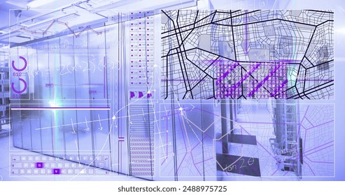 Image of mathematical equations and data processing over computer servers. Global computing and data processing concept digitally generated image.