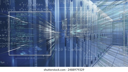 Image of mathematical equations and data processing over computer servers. Global computing and data processing concept digitally generated image.