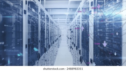 Image of mathematical equations and data processing over computer servers. Global computing and data processing concept digitally generated image.