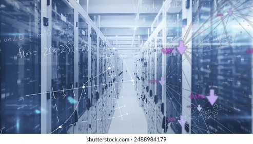 Image of mathematical equations and data processing over computer servers. Global computing and data processing concept digitally generated image.
