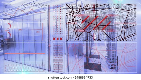 Image of mathematical equations and data processing over computer servers. Global computing and data processing concept digitally generated image.