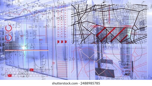 Image of mathematical equations and data processing over computer servers. Global computing and data processing concept digitally generated image.