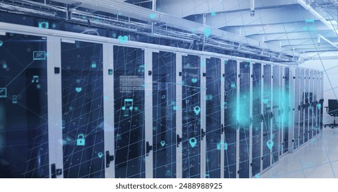 Image of mathematical equations and data processing over computer servers. Global computing and data processing concept digitally generated image.
