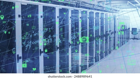 Image of mathematical equations and data processing over computer servers. Global computing and data processing concept digitally generated image.