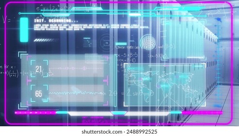 Image of mathematical equations and data processing on screens over computer servers. Global computing and data processing concept digitally generated image.