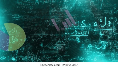 Image of mathematical equations, data processing and statistics. Global business, finance, computing and data processing concept digitally generated image.