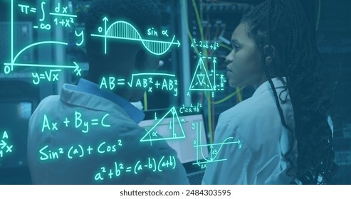 Image of mathematical equations, diagrams, african american engineers discussing in server room. Digital composite, education, teamwork, data center, networking, technology and network server. - Powered by Shutterstock