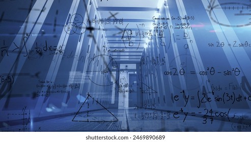Image of mathematical equations, diagrams and computer language, low angle view of server room. Digital composite, multiple exposure, education, coding, technology and network server concept.