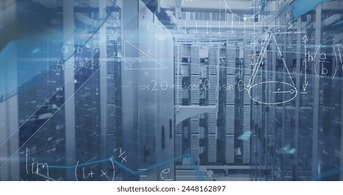 Image of mathematical equations and diagrams with lens flare over server room. Digital composite, multiple exposure, problems solving, network security, time, networking, technology. - Powered by Shutterstock