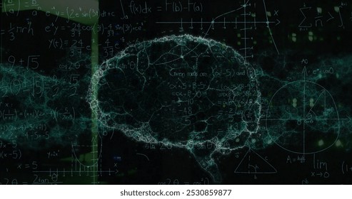 Image of mathematical equations and digital brain over server room. Global technology, online security and digital interface concept digitally generated image.