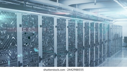 Image of mathematical equations and digital interface over network of computer servers in tech room. Global digital computer network concept digitally generated image.