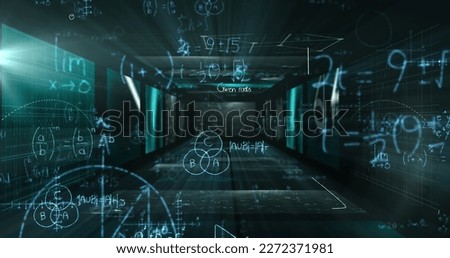 Image of mathematical equations and digital screens over black background. Global business and digital interface concept digitally generated image.